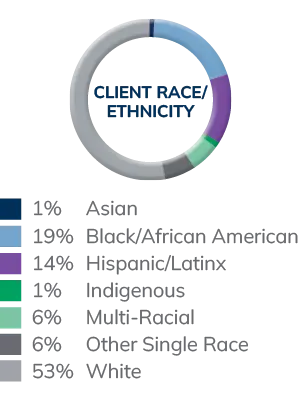 Client Race/Ethnicity - 1% Asian, 19% Black/African American, 14% Hispanic/Latinx, 1% Indigenous, 6% Multi-Racial, 6% Other Single Race, 53% White